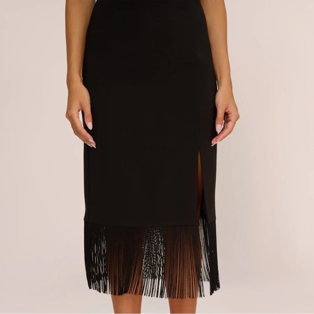 Aidan Adrianna Papell Crepe Popover Midi Black Fringe Hem Sheath Dress 2 LBD NWT - Picture 3 of 16
